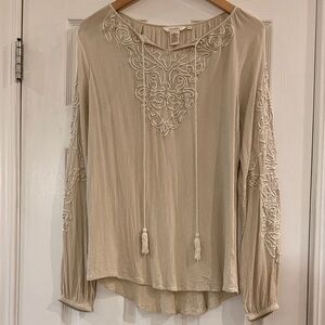 Sundance Boho Gauze-look Peasant Style Rayon Blouse, Medium, Tan/Cream